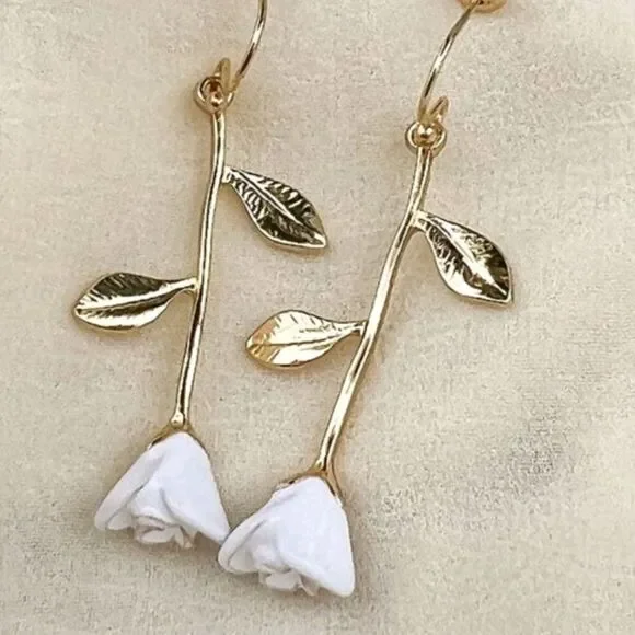 Gold Color Metal White Rose Statement Earrings Flower Earrings - Picture 2 of 5